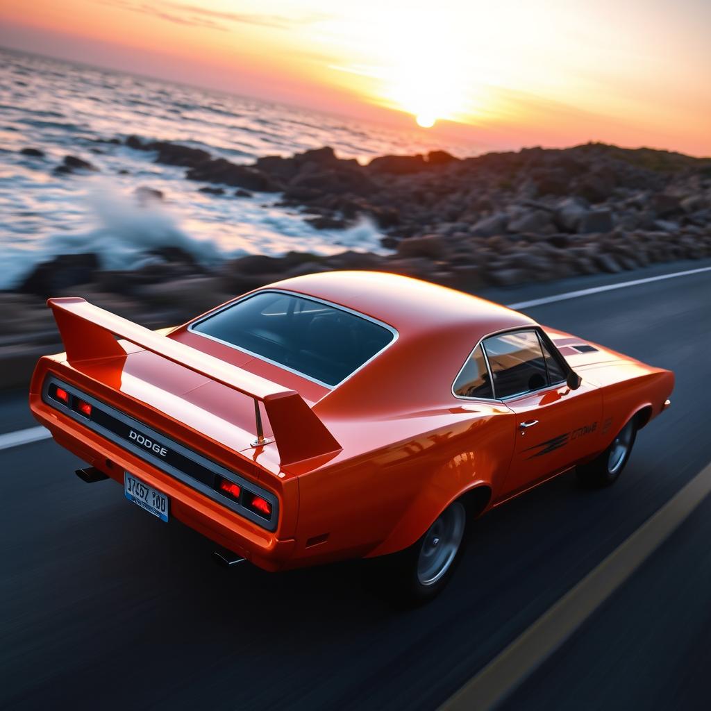 A stunning Dodge Daytona muscle car in a dynamic pose, captured racing on a scenic coastal road during sunset