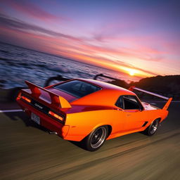 A stunning Dodge Daytona muscle car in a dynamic pose, captured racing on a scenic coastal road during sunset