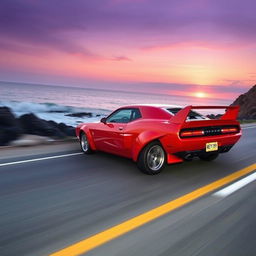 A stunning Dodge Daytona muscle car in a dynamic pose, captured racing on a scenic coastal road during sunset