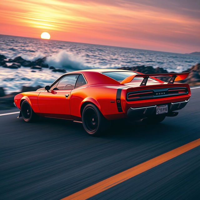 A stunning Dodge Daytona muscle car in a dynamic pose, captured racing on a scenic coastal road during sunset