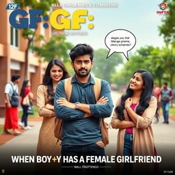 A comedic cinematic film poster titled 'GF: BF GIRLFRIEND BOYFRIEND' featuring an Indian 27-year-old male college student looking distressed and comically overwhelmed, standing in front of a college building