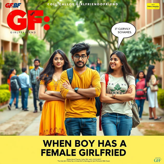 A comedic cinematic film poster titled 'GF: BF GIRLFRIEND BOYFRIEND' featuring an Indian 27-year-old male college student looking distressed and comically overwhelmed, standing in front of a college building