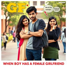 A comedic cinematic film poster titled 'GF: BF GIRLFRIEND BOYFRIEND' featuring an Indian 27-year-old male college student looking distressed and comically overwhelmed, standing in front of a college building