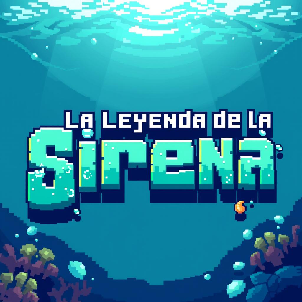 A pixelated title for 'La Leyenda de la Sirena' designed in bold, blocky letters with a vibrant gradient of oceanic blues and greens, resembling the colors of the sea