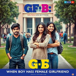 A comedic cinematic film poster titled 'GF: BF GIRLFRIEND BOYFRIEND' featuring an Indian 27-year-old male college student looking distressed and comically overwhelmed, standing in front of a college building