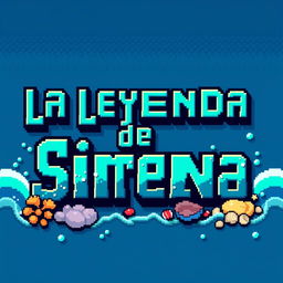 A pixelated title for 'La Leyenda de la Sirena' designed in bold, blocky letters with a vibrant gradient of oceanic blues and greens, resembling the colors of the sea