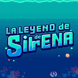 A pixelated title for 'La Leyenda de la Sirena' designed in bold, blocky letters with a vibrant gradient of oceanic blues and greens, resembling the colors of the sea