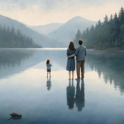 Create a poignant illustration of a family. Parents doting on their middle child, a sense of high expectations in the air. The scene shifts to a tragic image of a serene lake, detailing the heartbreaking discovery.