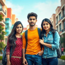 A cinematic comedy film poster featuring a 27-year-old Indian college boy caught between his beautiful 25-year-old Indian girlfriend, who has an angry expression, and his 25-year-old Indian female best friend who has a thoughtful look