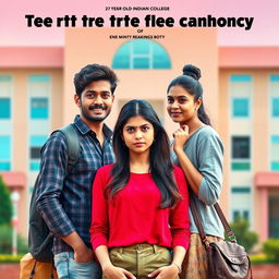 A cinematic comedy film poster featuring a 27-year-old Indian college boy caught between his beautiful 25-year-old Indian girlfriend, who has an angry expression, and his 25-year-old Indian female best friend who has a thoughtful look