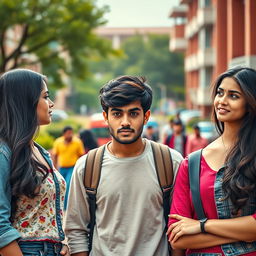 A cinematic comedy film poster featuring a 27-year-old Indian college boy caught between his beautiful 25-year-old Indian girlfriend, who has an angry expression, and his 25-year-old Indian female best friend who has a thoughtful look