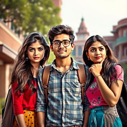 A cinematic comedy film poster featuring a 27-year-old Indian college boy caught between his beautiful 25-year-old Indian girlfriend, who has an angry expression, and his 25-year-old Indian female best friend who has a thoughtful look