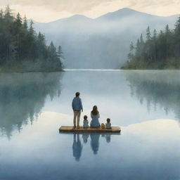 Create a poignant illustration of a family. Parents doting on their middle child, a sense of high expectations in the air. The scene shifts to a tragic image of a serene lake, detailing the heartbreaking discovery.