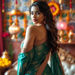 A stunningly beautiful Indian woman inspired by actress Tammanah Bhatia, wearing a stylish and intricately designed saree that accentuates her curves, showcasing her sexy figure