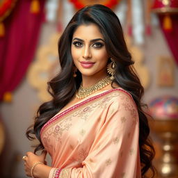 A stunningly beautiful Indian woman inspired by actress Tammanah Bhatia, wearing a stylish and intricately designed saree that accentuates her curves, showcasing her sexy figure