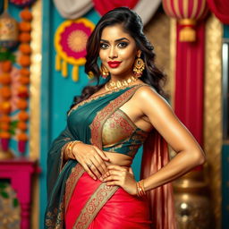 A stunningly beautiful Indian woman inspired by actress Tammanah Bhatia, wearing a stylish and intricately designed saree that accentuates her curves, showcasing her sexy figure