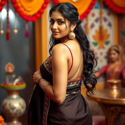 A stunningly beautiful Indian woman inspired by actress Tammanah Bhatia, wearing a stylish and intricately designed saree that accentuates her curves, showcasing her sexy figure