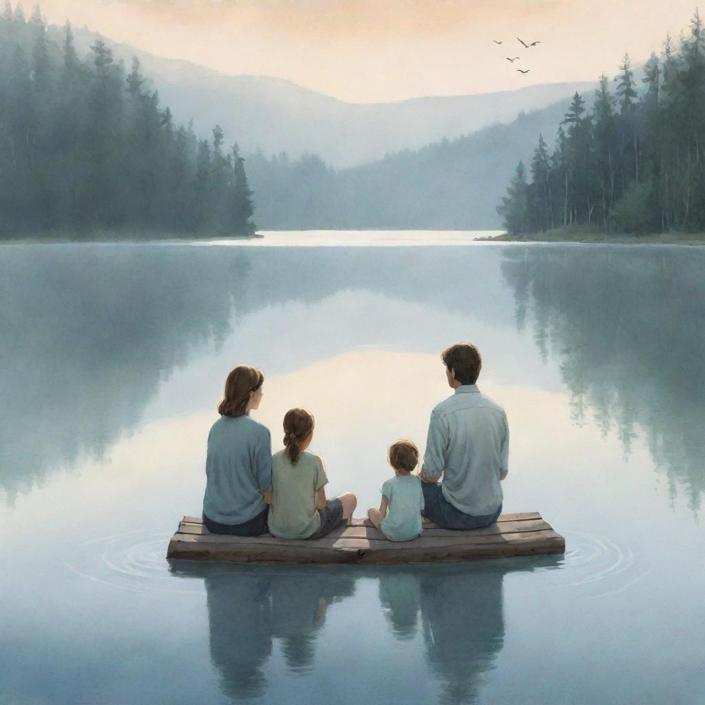 Create a poignant illustration of a family. Parents doting on their middle child, a sense of high expectations in the air. The scene shifts to a tragic image of a serene lake, detailing the heartbreaking discovery.