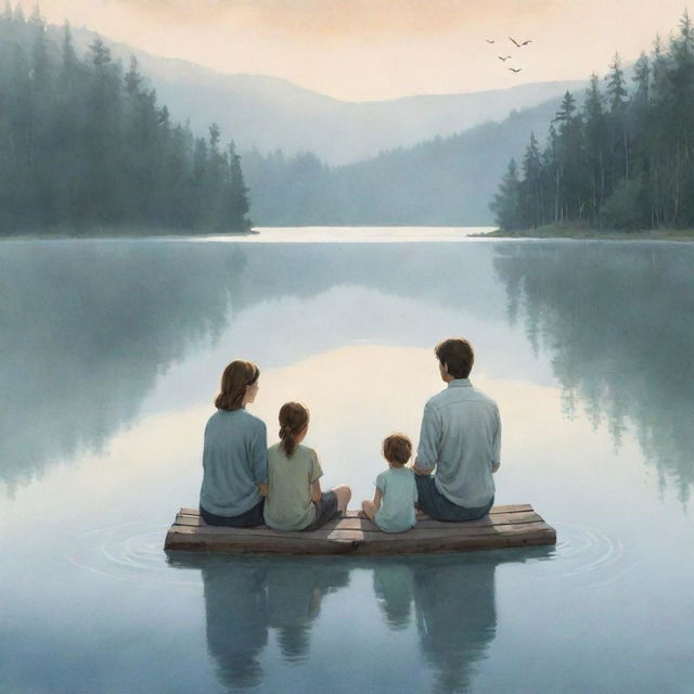 Create a poignant illustration of a family. Parents doting on their middle child, a sense of high expectations in the air. The scene shifts to a tragic image of a serene lake, detailing the heartbreaking discovery.