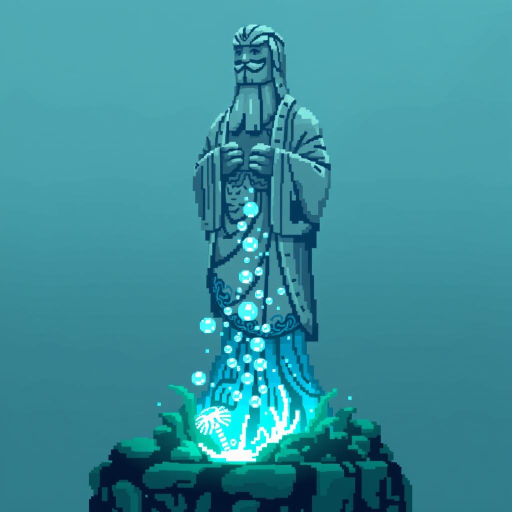 A pixelated statue for a mystical temple, standing tall and majestic with soft, rounded edges