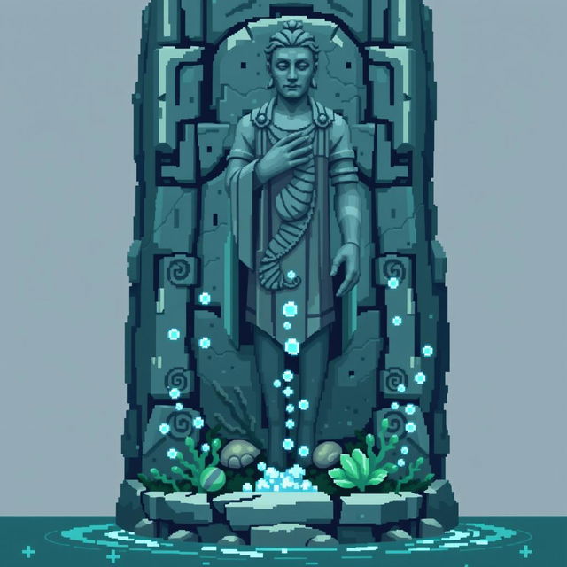 A pixelated statue for a mystical temple, standing tall and majestic with soft, rounded edges