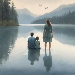 Create a poignant illustration of a family. Parents doting on their middle child, a sense of high expectations in the air. The scene shifts to a tragic image of a serene lake, detailing the heartbreaking discovery.