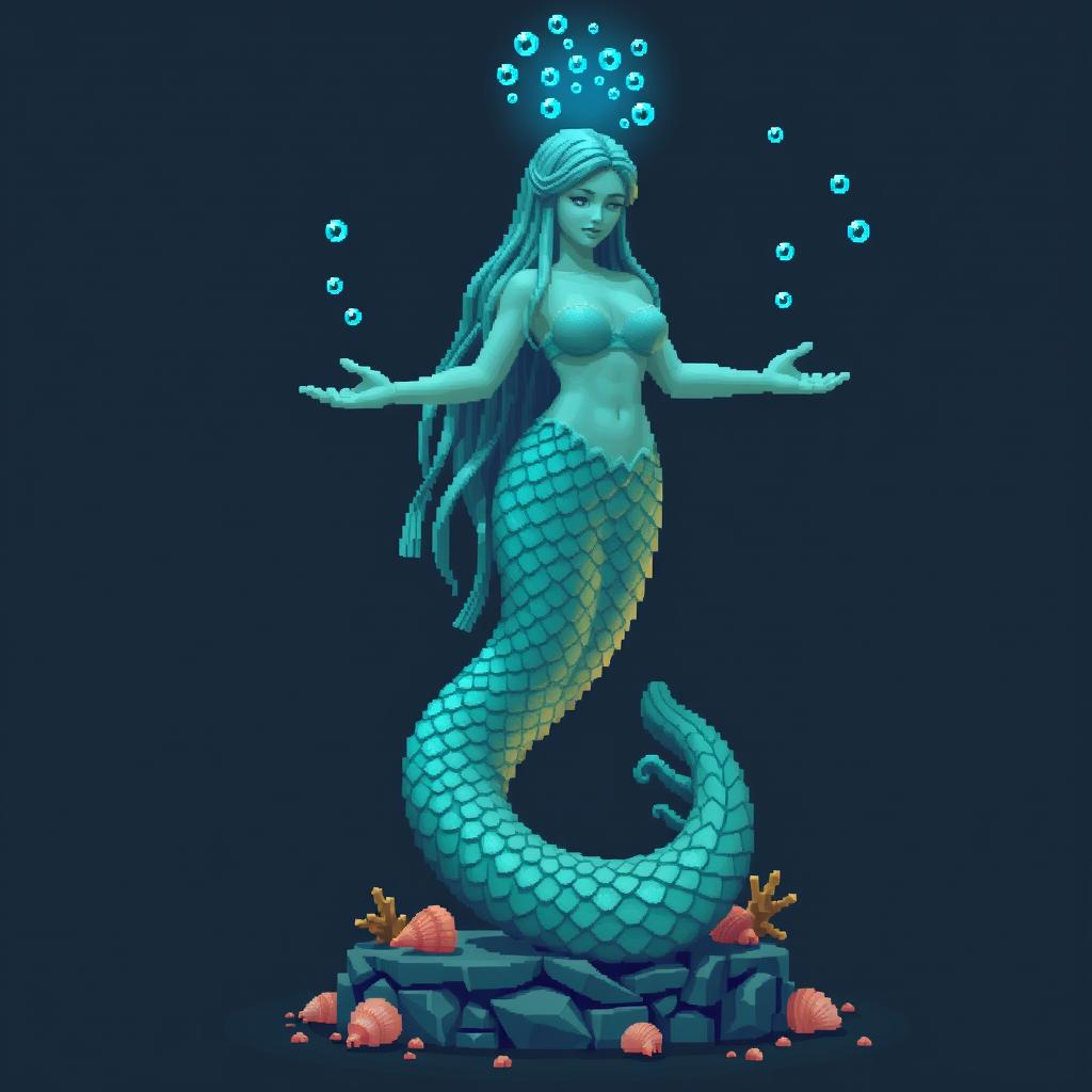 A pixelated statue of a mystical mermaid for an ancient temple, standing gracefully with her tail curled around the base