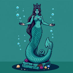 A pixelated statue of a mystical mermaid for an ancient temple, standing gracefully with her tail curled around the base