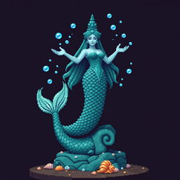 A pixelated statue of a mystical mermaid for an ancient temple, standing gracefully with her tail curled around the base