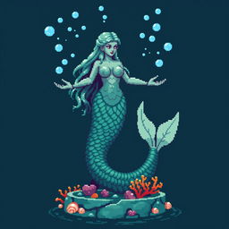 A pixelated statue of a mystical mermaid for an ancient temple, standing gracefully with her tail curled around the base