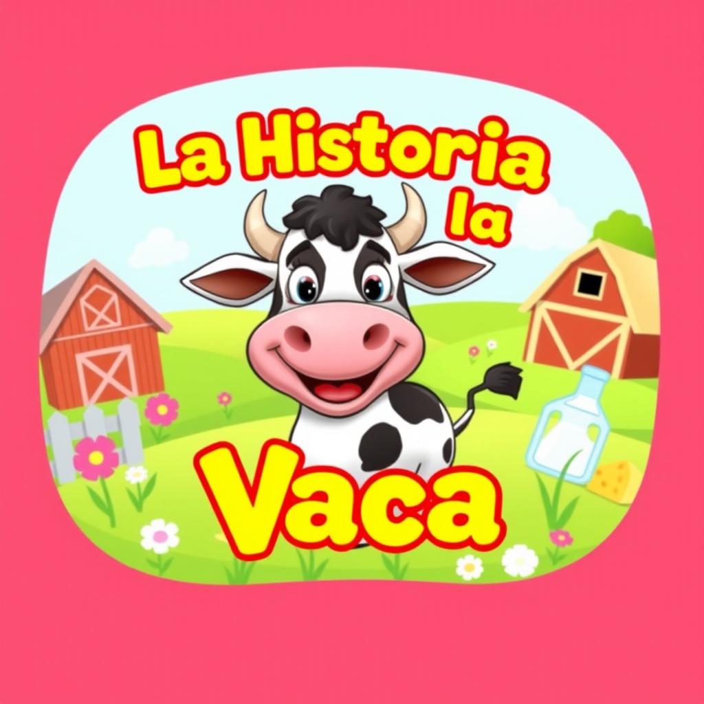 A vibrant and engaging YouTube thumbnail titled 'La Historia de la Vaca' featuring a cheerful cartoon cow as the central character, smiling and surrounded by playful elements like grass, a barn, and colorful flowers