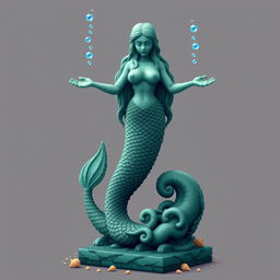 A pixelated statue of a mystical mermaid for an ancient temple, standing gracefully with her tail curled around the base