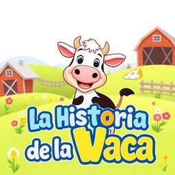 A vibrant and engaging YouTube thumbnail titled 'La Historia de la Vaca' featuring a cheerful cartoon cow as the central character, smiling and surrounded by playful elements like grass, a barn, and colorful flowers