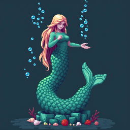 A pixelated statue of a mystical mermaid for an ancient temple, standing gracefully with her tail curled around the base