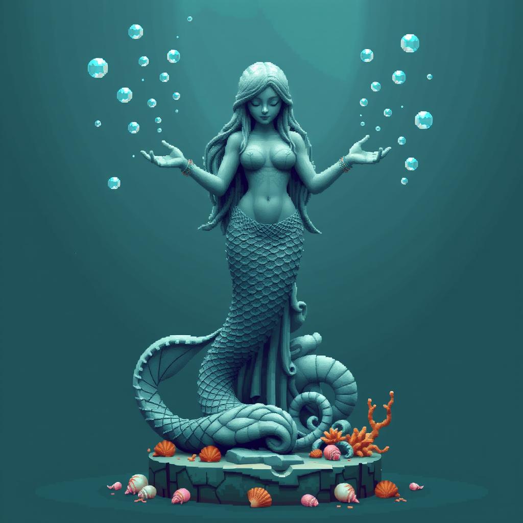 A pixelated statue of a mystical mermaid for an ancient temple, standing gracefully with her tail curled around the base