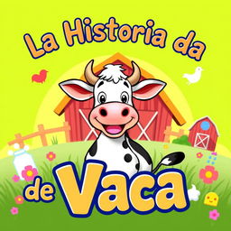 A vibrant and engaging YouTube thumbnail titled 'La Historia de la Vaca' featuring a cheerful cartoon cow as the central character, smiling and surrounded by playful elements like grass, a barn, and colorful flowers