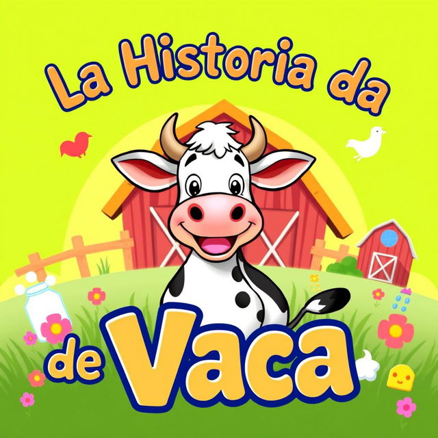 A vibrant and engaging YouTube thumbnail titled 'La Historia de la Vaca' featuring a cheerful cartoon cow as the central character, smiling and surrounded by playful elements like grass, a barn, and colorful flowers