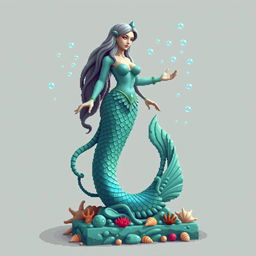 A pixelated statue of a mystical mermaid for an ancient temple, standing gracefully with her tail curled around the base