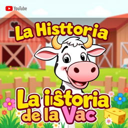 A vibrant and engaging YouTube thumbnail titled 'La Historia de la Vaca' featuring a cheerful cartoon cow as the central character, smiling and surrounded by playful elements like grass, a barn, and colorful flowers