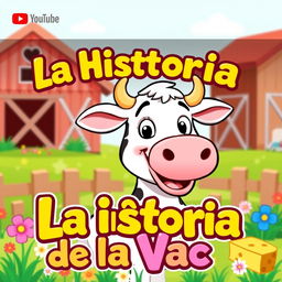 A vibrant and engaging YouTube thumbnail titled 'La Historia de la Vaca' featuring a cheerful cartoon cow as the central character, smiling and surrounded by playful elements like grass, a barn, and colorful flowers