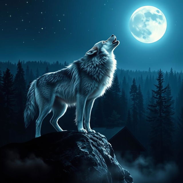 A majestic wolf standing on a rocky outcrop, howling at a full moon