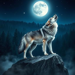 A majestic wolf standing on a rocky outcrop, howling at a full moon