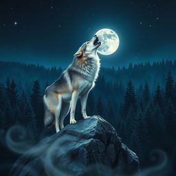 A majestic wolf standing on a rocky outcrop, howling at a full moon