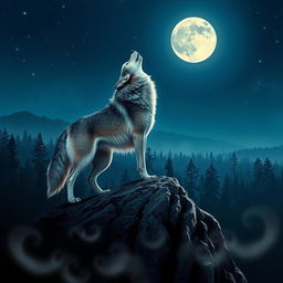 A majestic wolf standing on a rocky outcrop, howling at a full moon