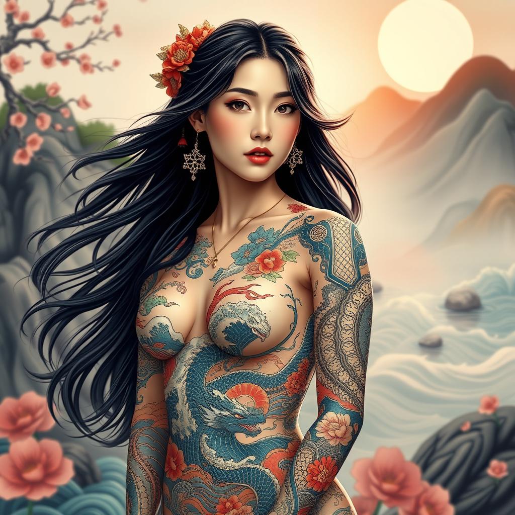 A beautiful Japanese woman with long flowing hair, her entire body adorned in a stunning full bodysuit of intricate tattoos that blend traditional Japanese artistry with modern flair