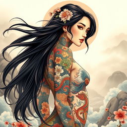 A beautiful Japanese woman with long flowing hair, her entire body adorned in a stunning full bodysuit of intricate tattoos that blend traditional Japanese artistry with modern flair