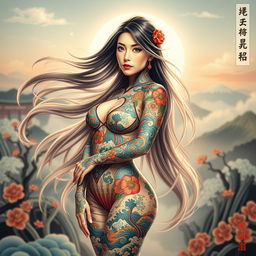 A beautiful Japanese woman with long flowing hair, her entire body adorned in a stunning full bodysuit of intricate tattoos that blend traditional Japanese artistry with modern flair