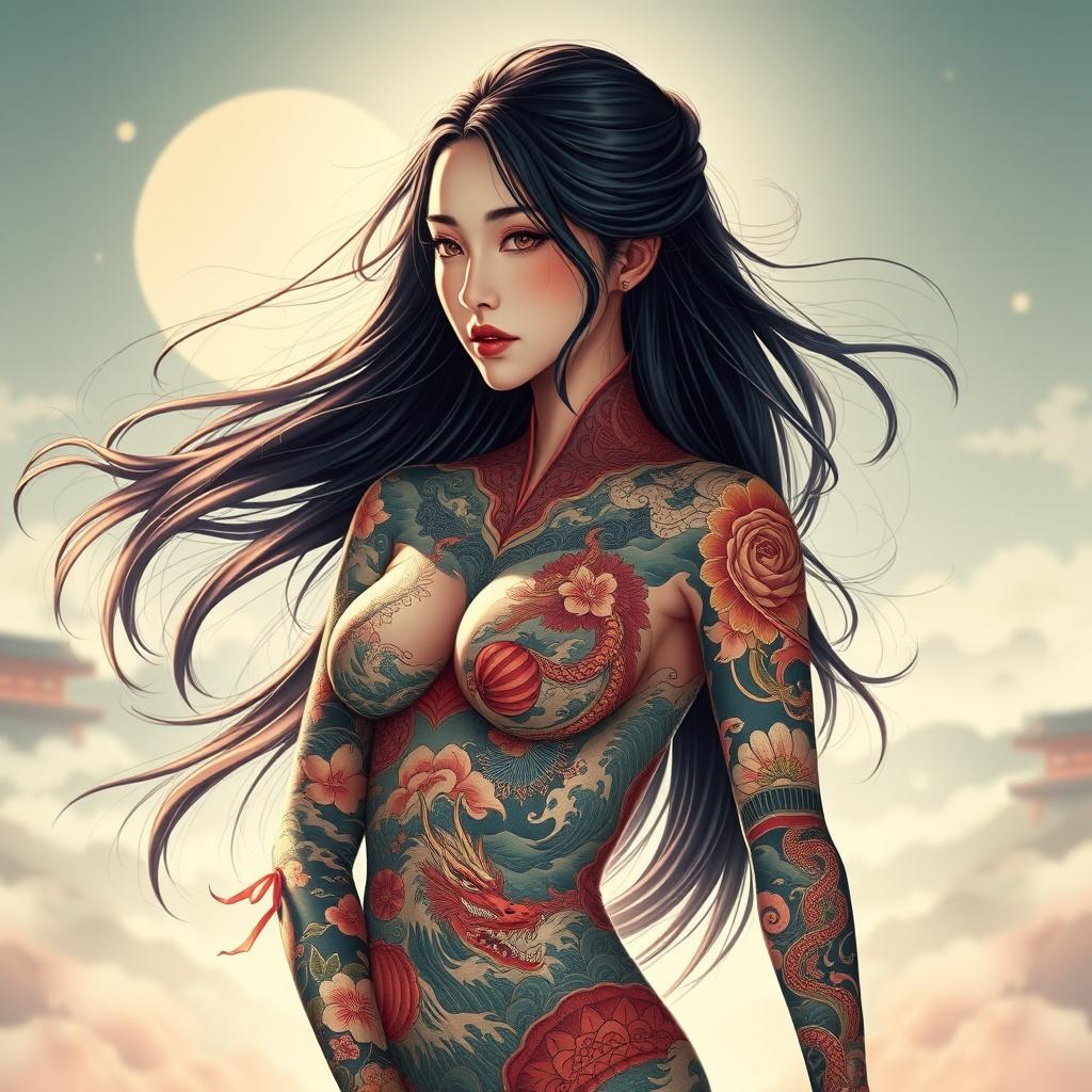 A beautiful Japanese woman with long flowing hair, her entire body adorned in a stunning full bodysuit of intricate tattoos that blend traditional Japanese artistry with modern flair