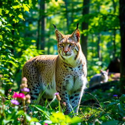 A majestic lynx standing gracefully in a lush forest