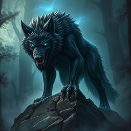 A fearsome Dungeons and Dragons-style wolf, depicted as a massive creature with glowing blue eyes and sharp fangs